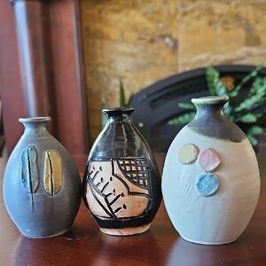 Artisan Mini Etched/Embossed Ceramic Vases, Set of 3